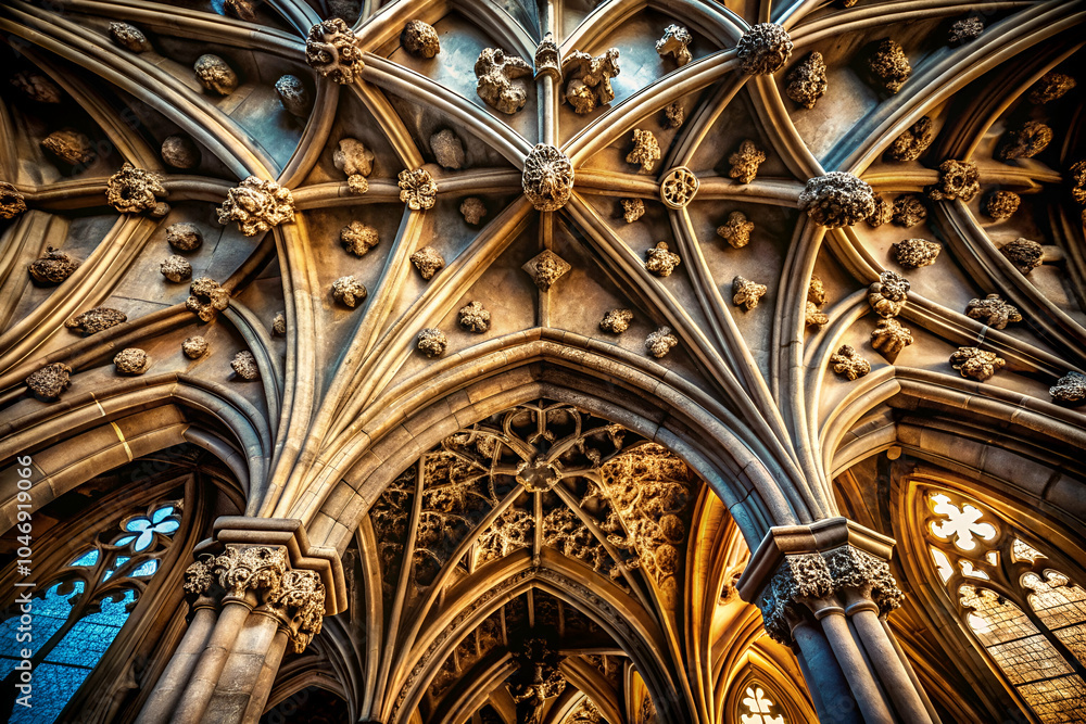 A stunning view of an intricately designed Gothic ceiling featuring ornate arches, detailed stonework, and beautiful lighting. A stunning view of an intricately designed Gothic ceiling featuring ornate arches, detailed stonework, and beautiful lighting.