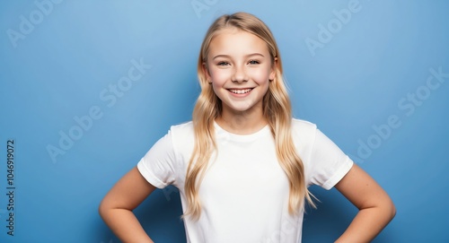 blonde teen girl blue background wearing plain white tshirt smiling happy portrait