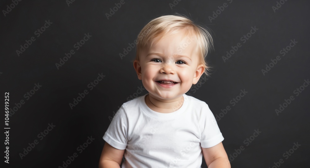 Naklejka premium blonde toddler boy black background wearing plain white tshirt smiling happy portrait