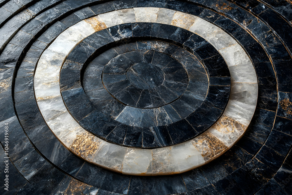 A close-up view of a circular design featuring black and white stone patterns, creating a sense of symmetry and elegance. A close-up view of a circular design featuring black and white stone patterns, creating a sense of symmetry and elegance.