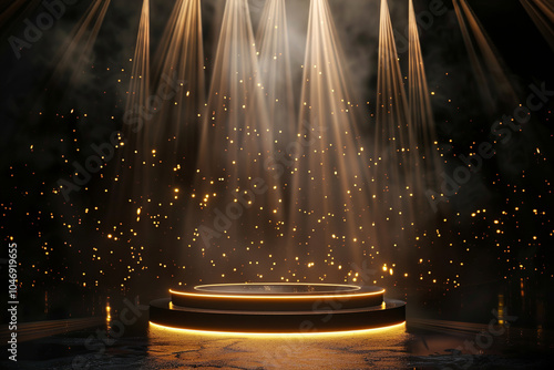 Golden podium on black background. Luxury stage for product demonstration