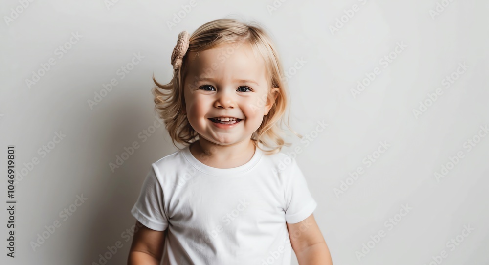 Naklejka premium blonde toddler girl white background wearing plain white tshirt smiling happy portrait