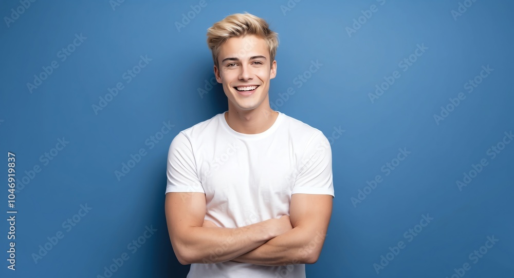 Naklejka premium blonde young man blue background wearing plain white tshirt smiling happy portrait