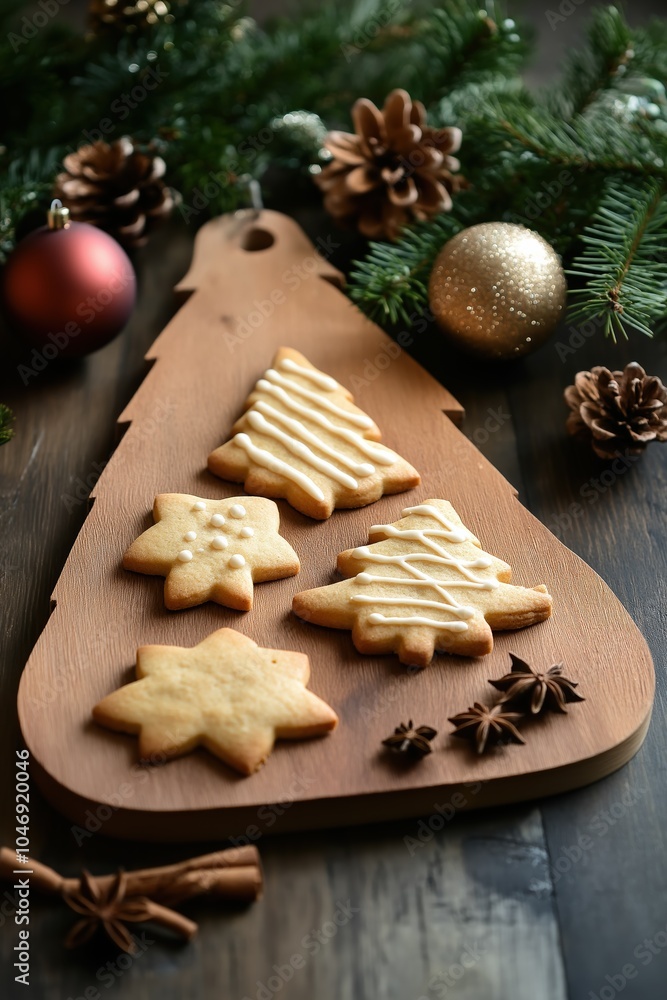 Fototapeta premium A wooden tray with a variety of cookies, including some shaped like trees and stars. The tray is set on a wooden table with a Christmas tree ornament and pine cones nearby. The scene conveys a festive