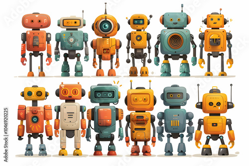 A set of 12 cartoon robots, each with unique designs and colors. They are all standing in a row, with their arms at their sides. photo