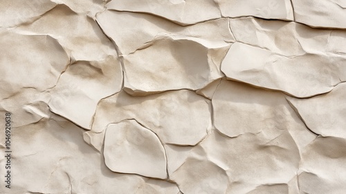 Close-up of an uneven cracked plaster wall surface with textured patterns resembling natural stone. photo