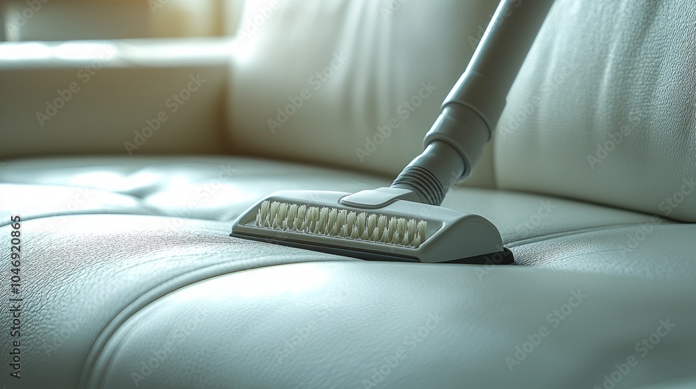Vacuum Cleaner on Leather Sofa in Bright Room Vacuum Cleaner on Leather Sofa in Bright Room