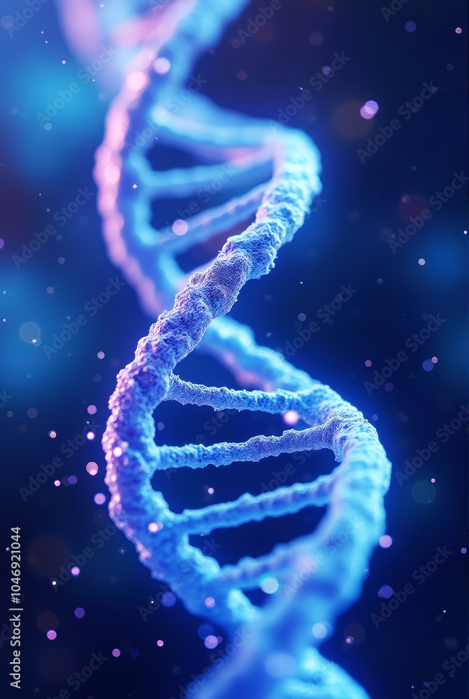 Close-Up View of a Detailed DNA Double Helix Structure with Twisted Ladder Shape Against a Blurred Bokeh Background Close-Up View of a Detailed DNA Double Helix Structure with Twisted Ladder Shape Against a Blurred Bokeh Background
