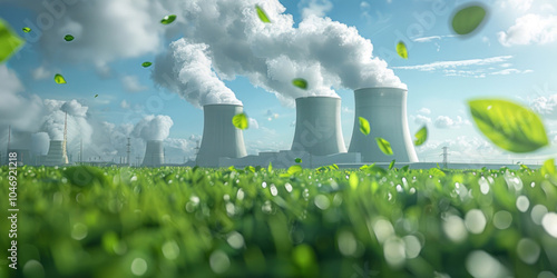 A nuclear power plant with green leaves flying around it, creating an eco-friendly and sustainable energy concept against a blue sky with white clouds.