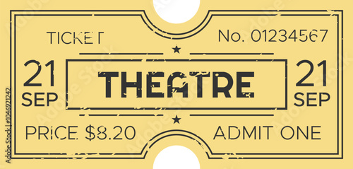 Yellow vintage theatre ticket for a show on september 21st, priced at 8.20, admitting one person, featuring a worn and distressed design