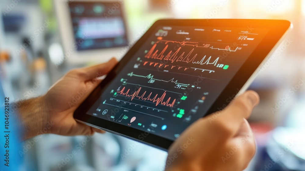 Close-Up of Hands Holding Tablet Displaying ECG Monitor with Heart Rhythm in Emergency Room Close-Up of Hands Holding Tablet Displaying ECG Monitor with Heart Rhythm in Emergency Room