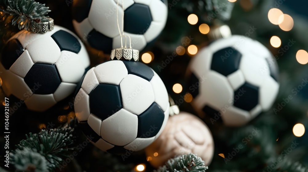 Obraz premium Close-up of soccer ball shaped Christmas ornaments hanging on a decorated tree with festive lights in the background, symbolizing a sporty holiday theme.