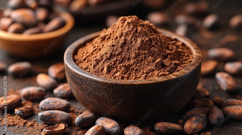 Cocoa Powder in a Wooden Bowl with Cocoa Beans Cocoa Powder in a Wooden Bowl with Cocoa Beans
