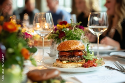 An exquisite gourmet burger served with fresh greens and vibrant flowers. Perfect for culinary experiences. Elevate your dining moments with style. Generative AI