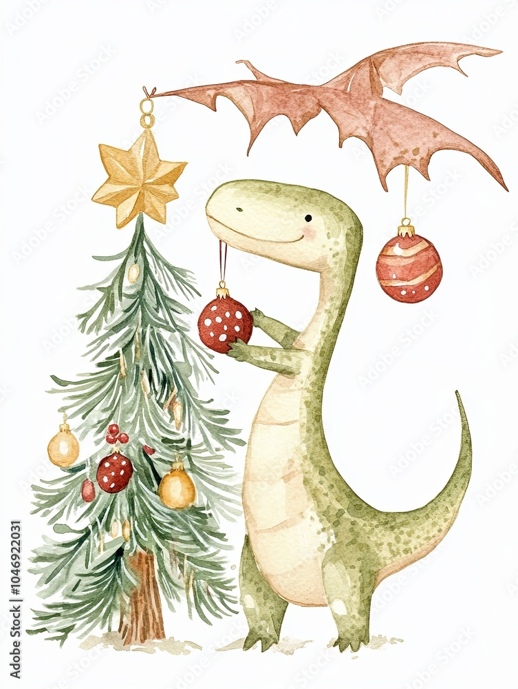 Fototapeta premium Cheerful dinosaur decorating a Christmas tree