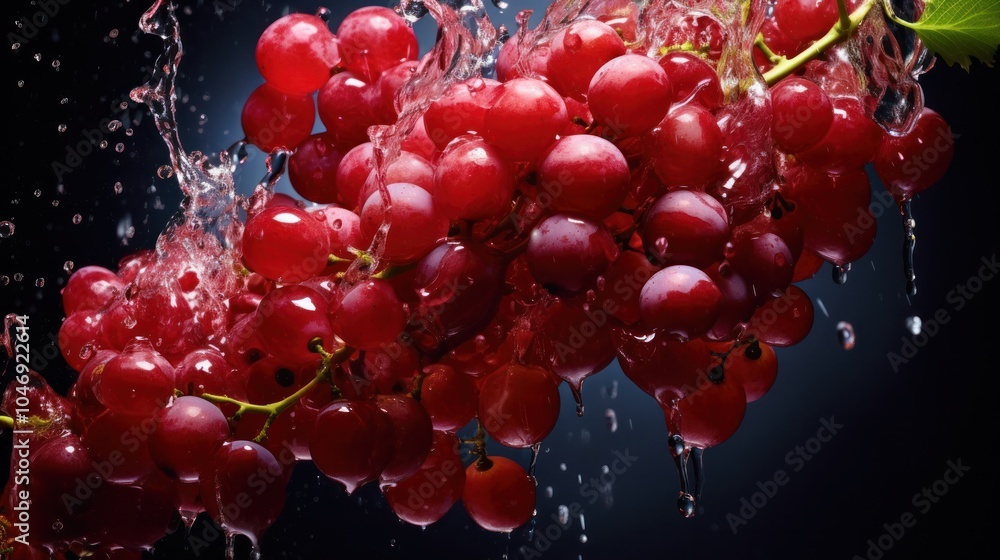 A cluster of red grapes with dew falling from them sparkles in the light. A cluster of red grapes with dew falling from them sparkles in the light.