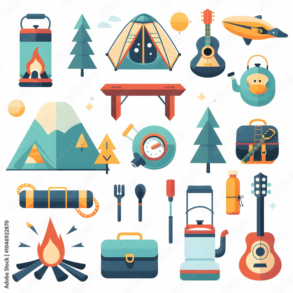 A set of colorful flat icons representing various camping activities, including a tent, campfire, guitar, compass, backpack, and more. A set of colorful flat icons representing various camping activities, including a tent, campfire, guitar, compass, backpack, and more.