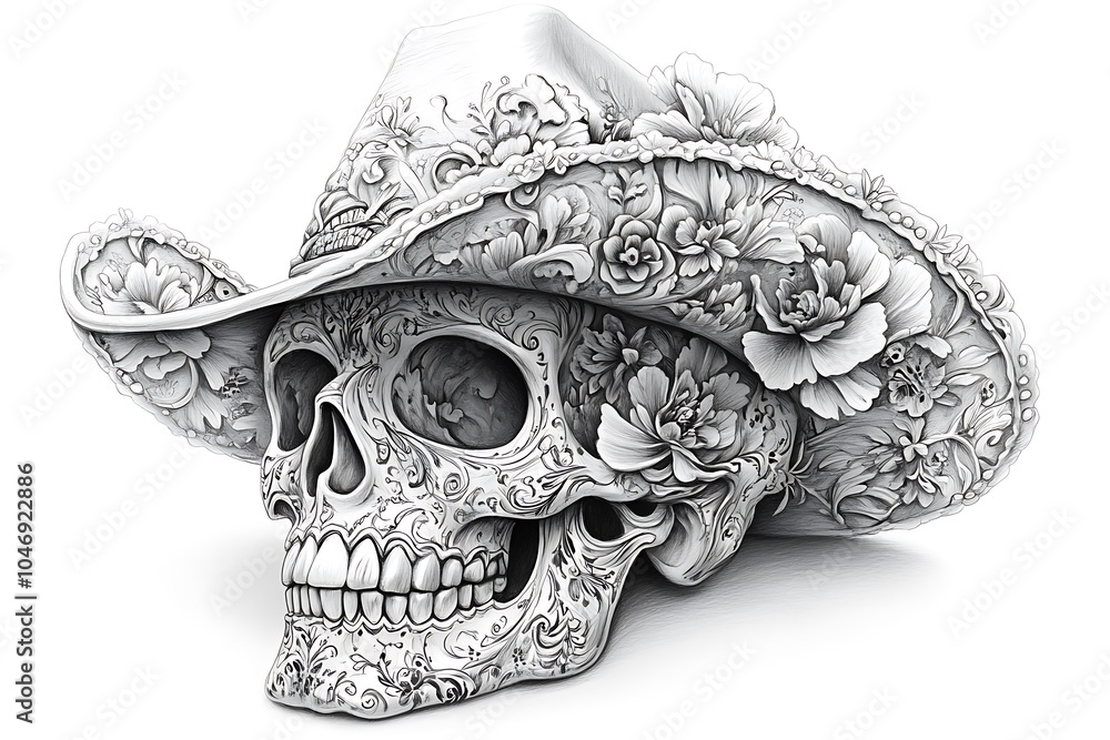 Obraz premium Skull Wearing a Hat Adorned with a Flower.