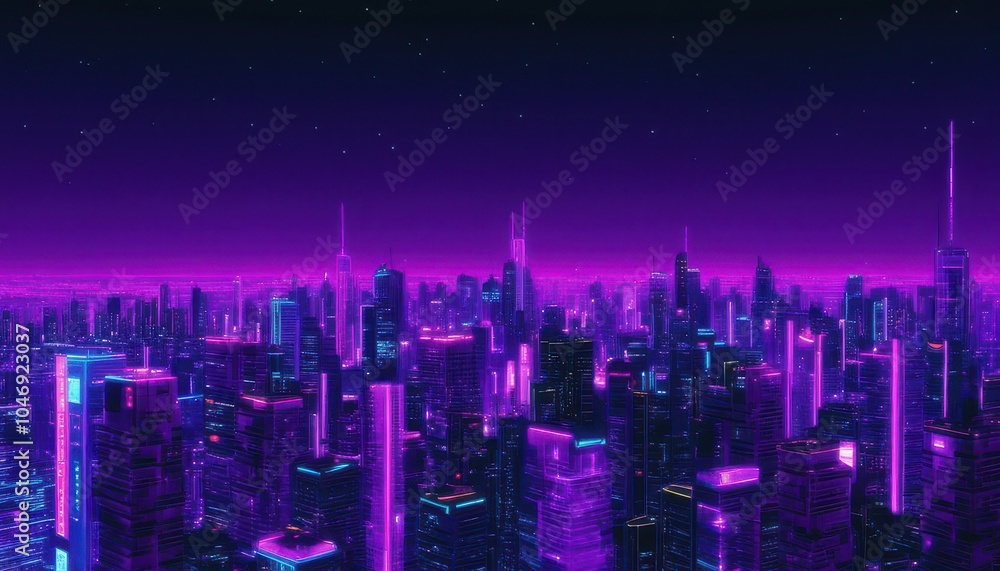 Fototapeta premium Neon Cityscape Illuminated Under Starry Night Sky