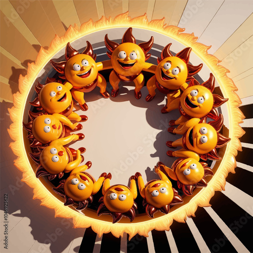 Happy cartoon suns gather around a giant sun, radiating joy and warmth.