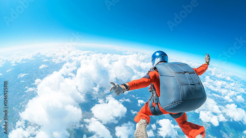  A skydiver in a bright red suit soars among the clouds in free fall photography