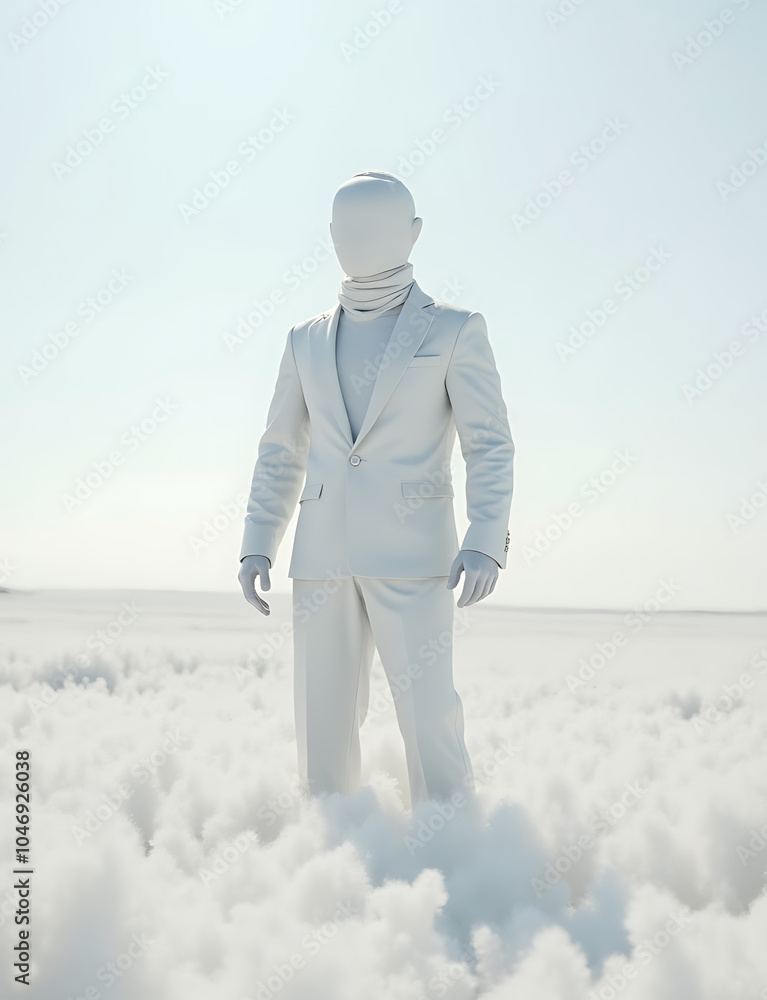 A man made of white stuff stands in a field of white stuff. A man made of white stuff stands in a field of white stuff.