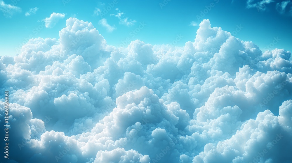 The sky is filled with fluffy white clouds, creating a serene The sky is filled with fluffy white clouds, creating a serene