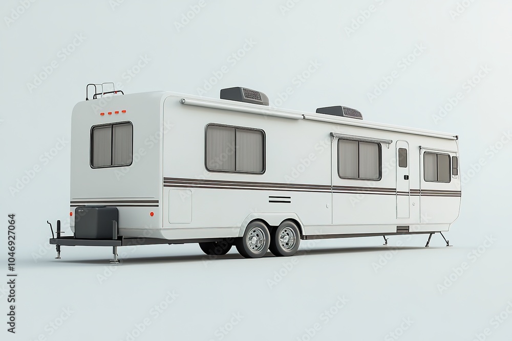 Naklejka premium Isolated camper trailer on plain background, side view, travel c