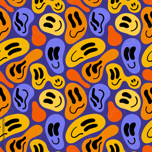 Various melting smileys. Drug trip style. Seamless pattern