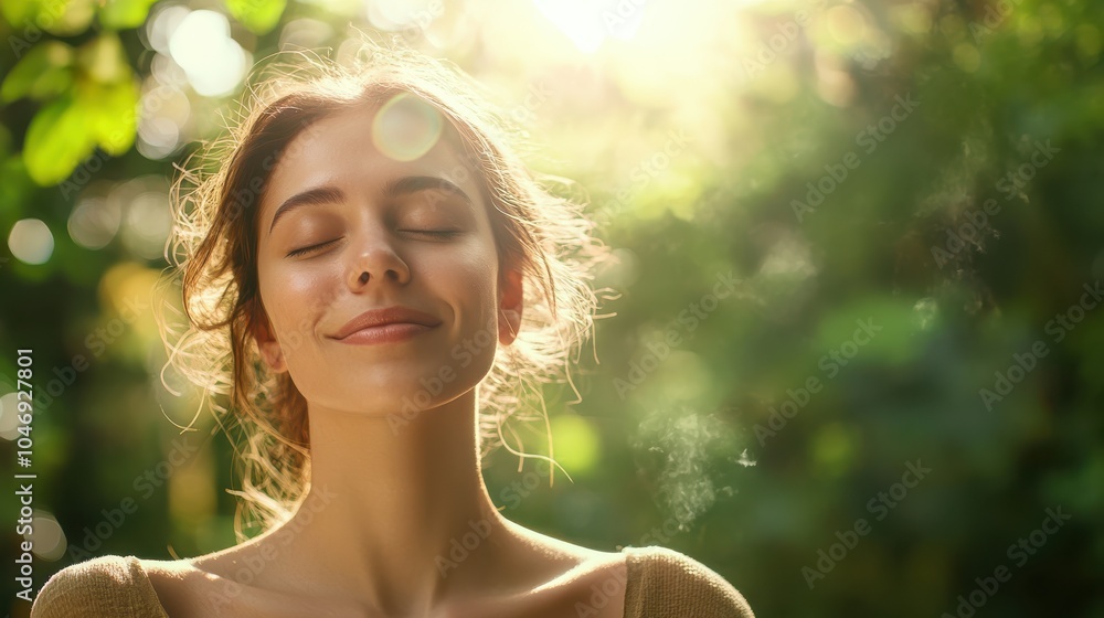 woman stands peacefully in sunlight, eyes closed, enjoying serene natural surroundings. Her calm expression reflects deep connection with nature woman stands peacefully in sunlight, eyes closed, enjoying serene natural surroundings. Her calm expression reflects deep connection with nature