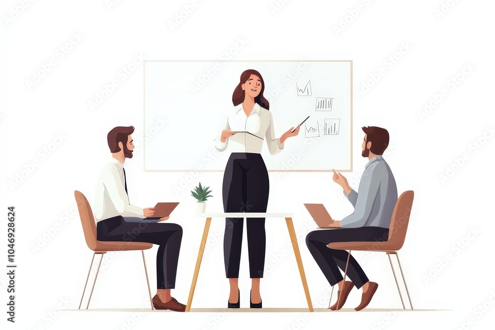 Confident businesswoman presenting data to attentive colleagues. Successful teamwork visualized! Confident businesswoman presenting data to attentive colleagues. Successful teamwork visualized!
