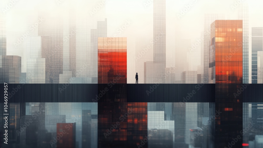 Obraz premium A lone figure stands on a bridge, gazing at a city skyline reflecting a fiery sunset. A moment of quiet contemplation.
