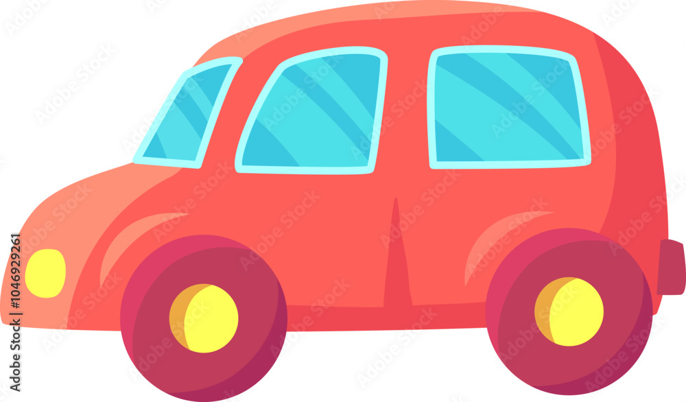 Side view of a cute, stylized red car with large windows, embodying the essence of personal vehicles and the automotive world Side view of a cute, stylized red car with large windows, embodying the essence of personal vehicles and the automotive world