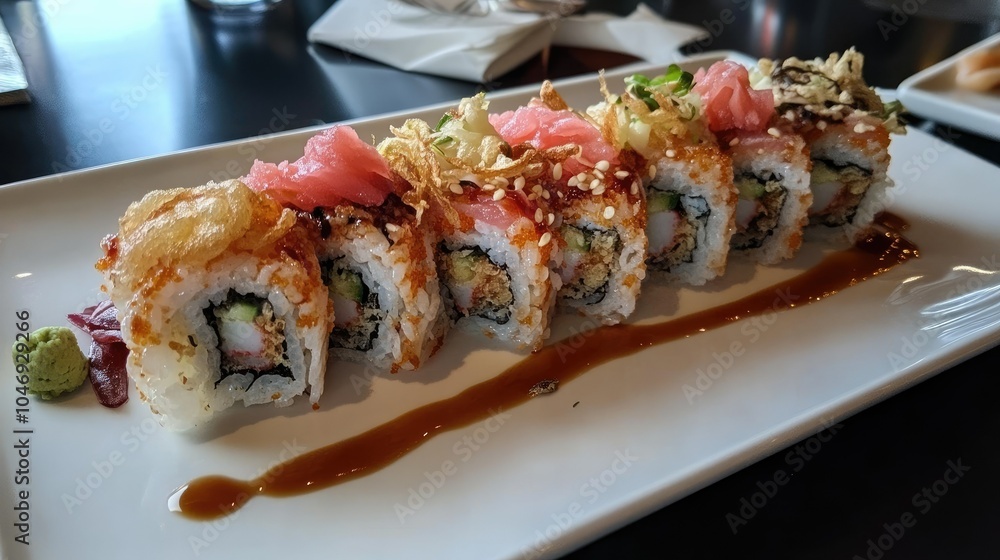 A beautifully plated tempura sushi roll cut open, revealing fresh ingredients inside. A beautifully plated tempura sushi roll cut open, revealing fresh ingredients inside.