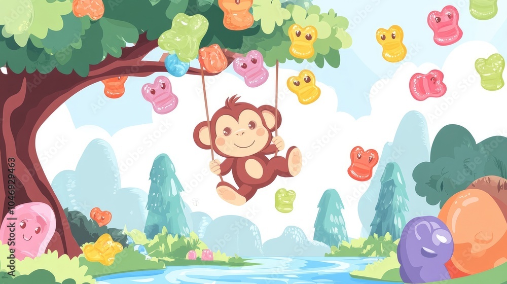Cute Monkey Swinging from Gummy Bears on Tree Branch Over Candy River in Colorful Illustration Cute Monkey Swinging from Gummy Bears on Tree Branch Over Candy River in Colorful Illustration