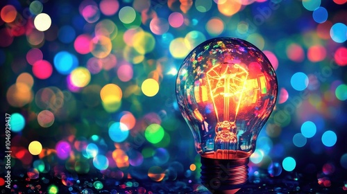 A bright glowing light bulb surrounded by bokeh lights in various colors, symbolizing creativity and imagination.