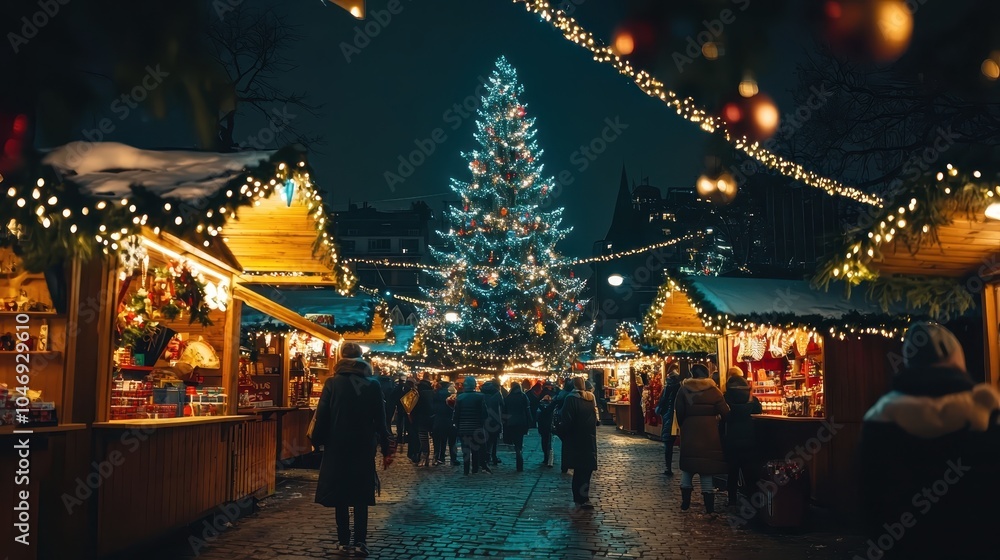Fototapeta premium Christmas Market Night with Bright Festive Lights