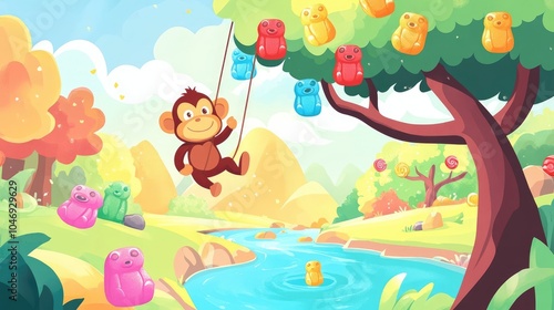 Cute Monkey Swinging from Gummy Bears on Tree Branch Over Candy River in Colorful Illustration photo