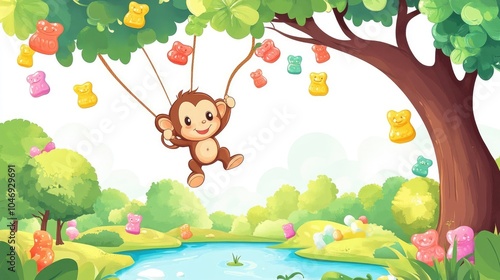 Cute Monkey Swinging from Gummy Bears on Tree Branch Over Candy River in Colorful Illustration photo