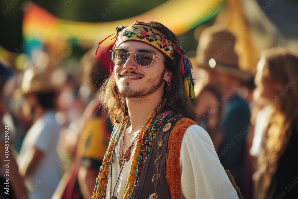 A joyful young man wears a colorful headband and sunglasses. His friendly smile captures the essence of celebration. A vibrant festival ambiance surrounds him. Generative AI A joyful young man wears a colorful headband and sunglasses. His friendly smile captures the essence of celebration. A vibrant festival ambiance surrounds him. Generative AI