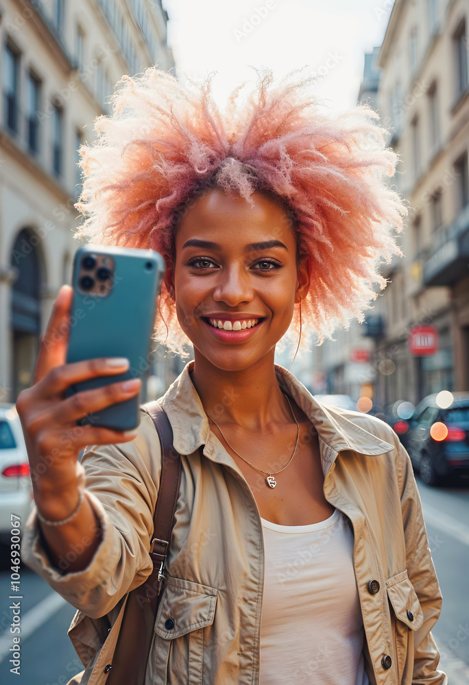 Beautiful young elegant alternative black female model taking selfie in the street and smiling, fashion and lifestyle, people, background
