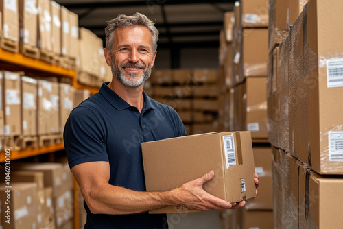 
A middle-aged man is preparing to ship goods, smiling and holding cardboard boxes in the warehouse of his small business company for selling products online on an e-commerce platform. 