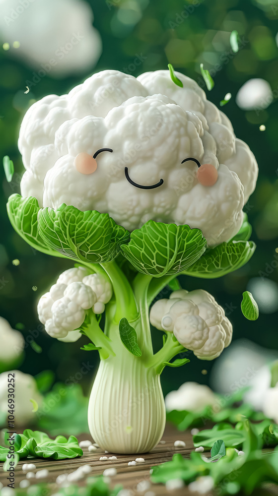 Obraz premium Cartoon cauliflower is smiling and holding a leafy green stem. The image has a lighthearted and playful mood