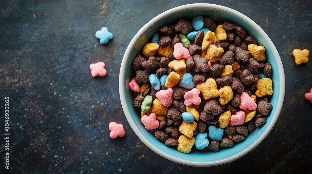 A mix of dry pet food and colorful treats in a bowl, showcasing balance and diversity in pet nutrition. A mix of dry pet food and colorful treats in a bowl, showcasing balance and diversity in pet nutrition.