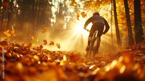 A mountain biker riding through a dense forest trail, sunlight filtering through the trees photo