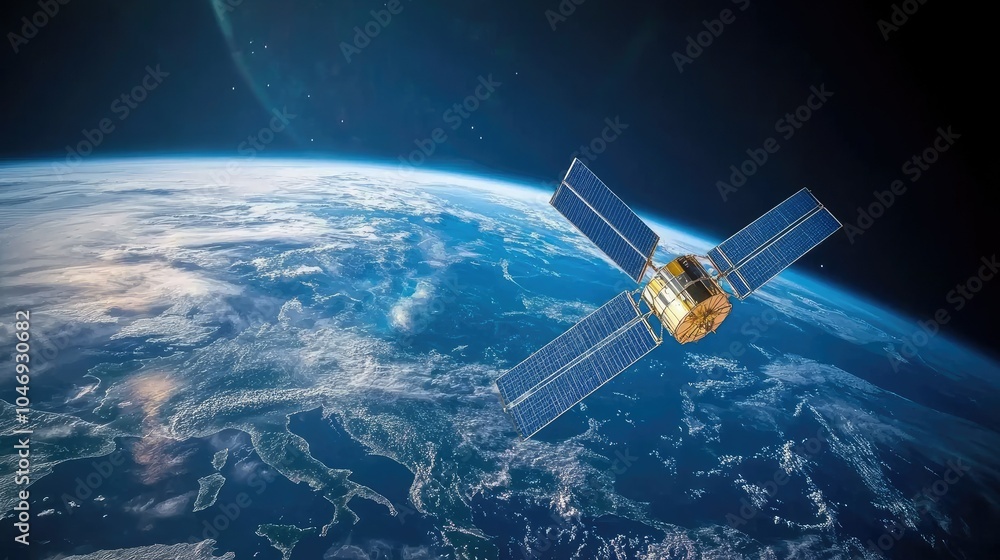 Fototapeta premium A satellite orbiting Earth, symbolizing global connectivity through internet technology from space.