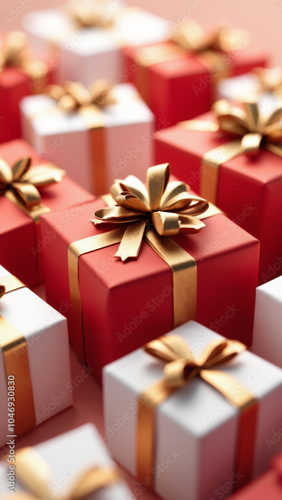 Elegant Gift Boxes: Red and White Presents with Gold Ribbons for Holiday Marketing and Festive Promotions Elegant Gift Boxes: Red and White Presents with Gold Ribbons for Holiday Marketing and Festive Promotions