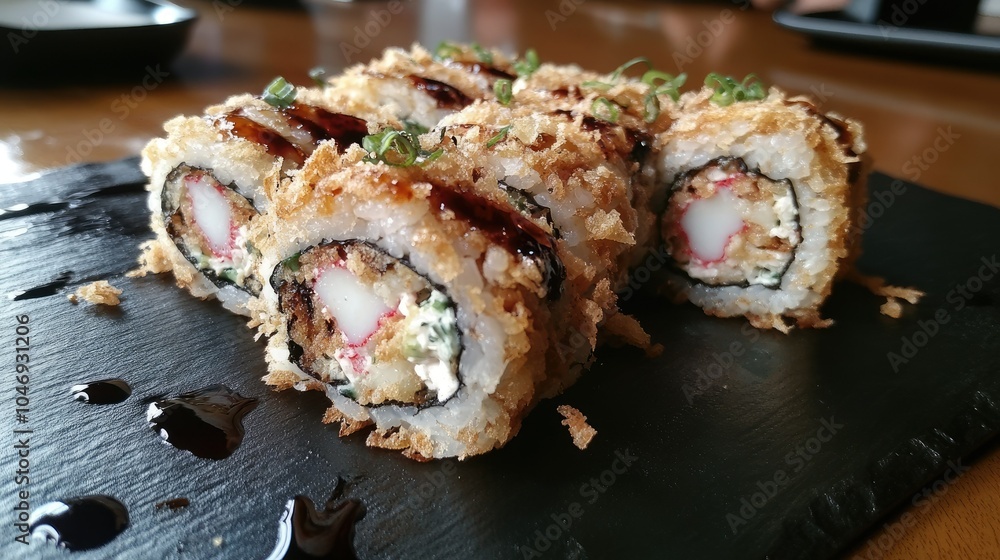 A tempura sushi roll sliced in half, resting on a slate plate with garnish, showcasing the fresh ingredients. A tempura sushi roll sliced in half, resting on a slate plate with garnish, showcasing the fresh ingredients.