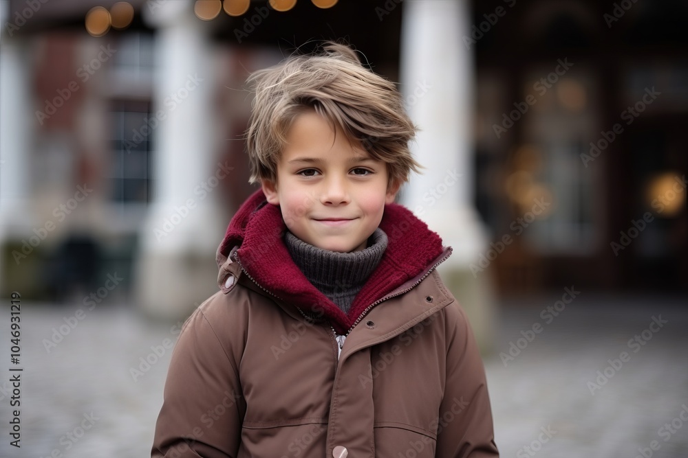 Portrait of a cute little boy on the street in winter time Portrait of a cute little boy on the street in winter time