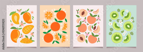 Fruit and flower posters set. Summer backgrounds with mango, orange, peach, kiwi in trendy design. Flat vector illustration.